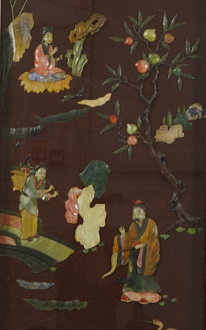 A Chinese carved cinnabar lacquer and hardstone mounted panel, early 20th century